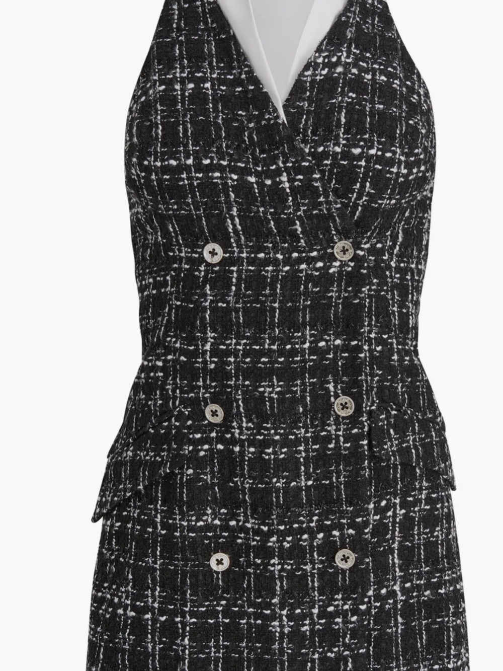 BCBG Sleeveless Black & White Tweed Halter Dress w/ Gold Buttons, Faux Pockets - Picture 4 of 13